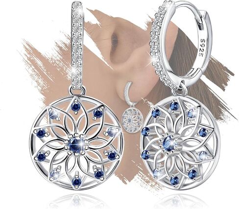 Flower Hoop Dangle Earrings for Women Sterling Silver Hypoallergenic Sparkly Cubic Zirconia Round Lotus Hoop Charms Earrings Classic Dainty CZ Floral Loop Dangling Earring Gifts for Bride Wedding Wife in Saudi Arabia