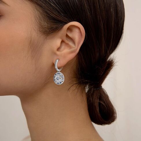 Flower Hoop Dangle Earrings for Women Sterling Silver Hypoallergenic Sparkly Cubic Zirconia Round Lotus Hoop Charms Earrings Classic Dainty CZ Floral Loop Dangling Earring Gifts for Bride Wedding Wife in Saudi Arabia