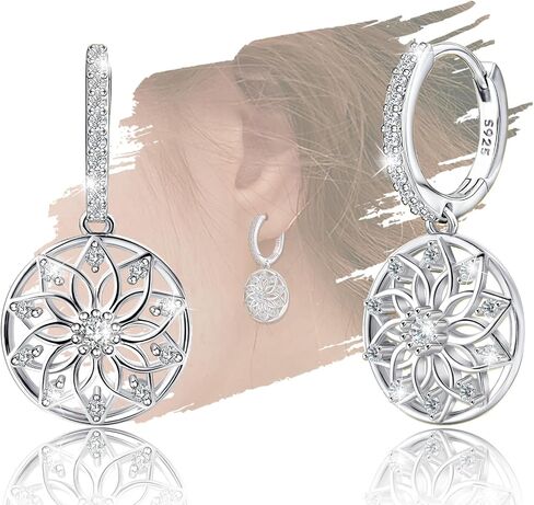 Flower Hoop Dangle Earrings for Women Sterling Silver Hypoallergenic Sparkly Cubic Zirconia Round Lotus Hoop Charms Earrings Classic Dainty CZ Floral Loop Dangling Earring Gifts for Bride Wedding Wife in Saudi Arabia