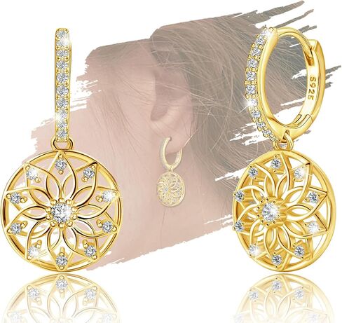 Flower Hoop Dangle Earrings for Women Sterling Silver Hypoallergenic Sparkly Cubic Zirconia Round Lotus Hoop Charms Earrings Classic Dainty CZ Floral Loop Dangling Earring Gifts for Bride Wedding Wife in Saudi Arabia