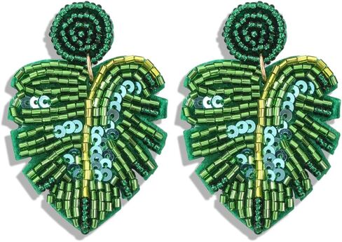 Beaded palm leaf earrings boho - handmade tropical Monstera dangle earrings for summer beach vacation in Saudi Arabia
