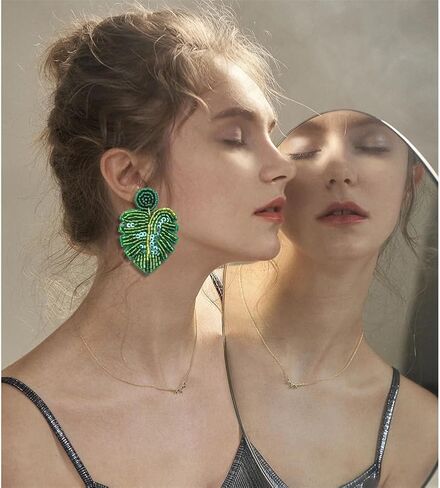 Beaded palm leaf earrings boho - handmade tropical Monstera dangle earrings for summer beach vacation in Saudi Arabia