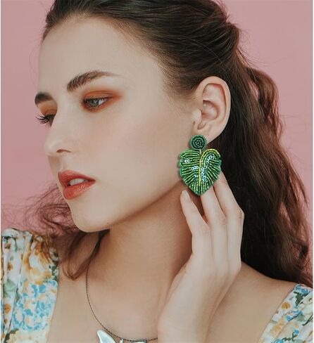 Beaded palm leaf earrings boho - handmade tropical Monstera dangle earrings for summer beach vacation in Saudi Arabia