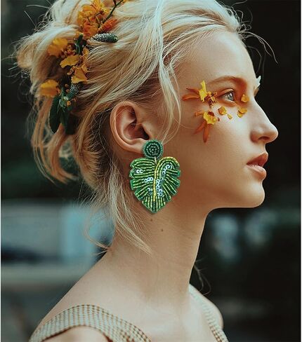 Beaded palm leaf earrings boho - handmade tropical Monstera dangle earrings for summer beach vacation in Saudi Arabia