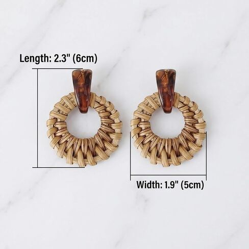Pair of Raffia Rattan Round Drop Dangle Earrings for Women, Lightweight Bohemian Woven Circle Statement, Warm-weather Beach Playful Fun Versatile Earrings in Saudi Arabia