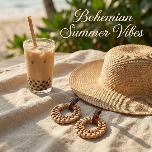 Pair of Raffia Rattan Round Drop Dangle Earrings for Women, Lightweight Bohemian Woven Circle Statement, Warm-weather Beach Playful Fun Versatile Earrings in Saudi Arabia