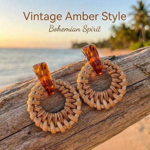 Pair of Raffia Rattan Round Drop Dangle Earrings for Women, Lightweight Bohemian Woven Circle Statement, Warm-weather Beach Playful Fun Versatile Earrings in Saudi Arabia