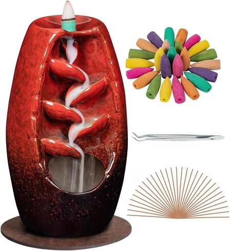 DAILYLIFE Backflow Incense Burner and Ceramic Incense Holder Waterfall, with 120 Mixed Backflow Incense Cones, 30 Incense Sticks, 1 Pad, Tweezer, Home Decor Aromatherapy Ornament, Red in Saudi Arabia