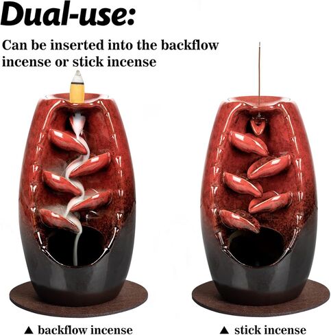 DAILYLIFE Backflow Incense Burner and Ceramic Incense Holder Waterfall, with 120 Mixed Backflow Incense Cones, 30 Incense Sticks, 1 Pad, Tweezer, Home Decor Aromatherapy Ornament, Red in Saudi Arabia