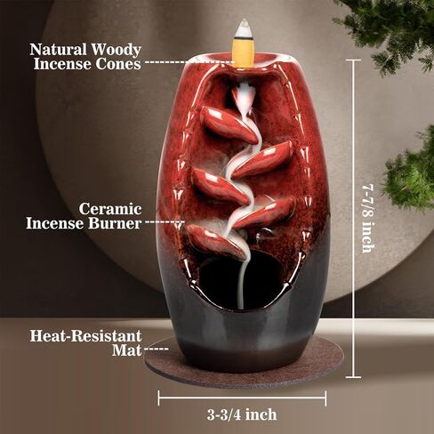 DAILYLIFE Backflow Incense Burner and Ceramic Incense Holder Waterfall, with 120 Mixed Backflow Incense Cones, 30 Incense Sticks, 1 Pad, Tweezer, Home Decor Aromatherapy Ornament, Red in Saudi Arabia