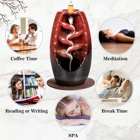DAILYLIFE Backflow Incense Burner and Ceramic Incense Holder Waterfall, with 120 Mixed Backflow Incense Cones, 30 Incense Sticks, 1 Pad, Tweezer, Home Decor Aromatherapy Ornament, Red in Saudi Arabia