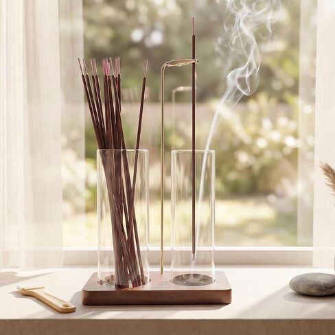 2 in 1 Anti-Ash Incense Holder for Sticks, Upside Down Hanging Incense Burner with Removable Glass Ash Catcher and Wooden Base, Modern Vertical Zen Decor for Home Office Yoga Meditation Room in Saudi Arabia