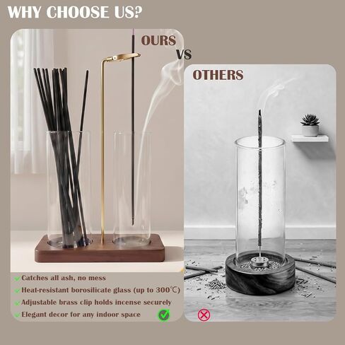 2 in 1 Anti-Ash Incense Holder for Sticks, Upside Down Hanging Incense Burner with Removable Glass Ash Catcher and Wooden Base, Modern Vertical Zen Decor for Home Office Yoga Meditation Room in Saudi Arabia