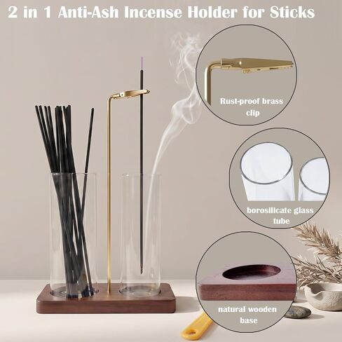 2 in 1 Anti-Ash Incense Holder for Sticks, Upside Down Hanging Incense Burner with Removable Glass Ash Catcher and Wooden Base, Modern Vertical Zen Decor for Home Office Yoga Meditation Room in Saudi Arabia