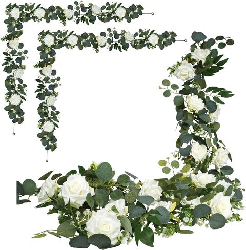 AuroraAria Artificial Flower Garland, White Rose Eucalyptus Vine, 2 Pack 12 ft Total, 6 ft Each, for Wedding Arch, Bridal Shower Backdrop, Table Centerpiece Decor, Home Decor in Saudi Arabia
