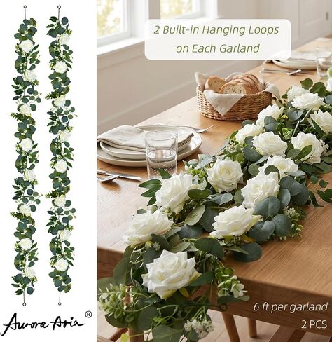 AuroraAria Artificial Flower Garland, White Rose Eucalyptus Vine, 2 Pack 12 ft Total, 6 ft Each, for Wedding Arch, Bridal Shower Backdrop, Table Centerpiece Decor, Home Decor in Saudi Arabia