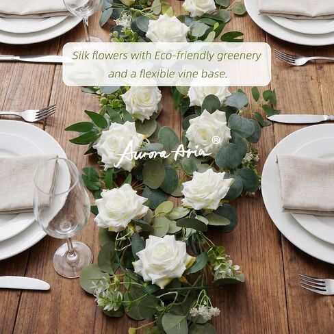 AuroraAria Artificial Flower Garland, White Rose Eucalyptus Vine, 2 Pack 12 ft Total, 6 ft Each, for Wedding Arch, Bridal Shower Backdrop, Table Centerpiece Decor, Home Decor in Saudi Arabia