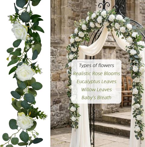 AuroraAria Artificial Flower Garland, White Rose Eucalyptus Vine, 2 Pack 12 ft Total, 6 ft Each, for Wedding Arch, Bridal Shower Backdrop, Table Centerpiece Decor, Home Decor in Saudi Arabia