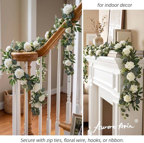 AuroraAria Artificial Flower Garland, White Rose Eucalyptus Vine, 2 Pack 12 ft Total, 6 ft Each, for Wedding Arch, Bridal Shower Backdrop, Table Centerpiece Decor, Home Decor in Saudi Arabia