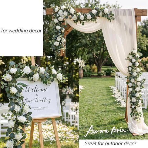 AuroraAria Artificial Flower Garland, White Rose Eucalyptus Vine, 2 Pack 12 ft Total, 6 ft Each, for Wedding Arch, Bridal Shower Backdrop, Table Centerpiece Decor, Home Decor in Saudi Arabia