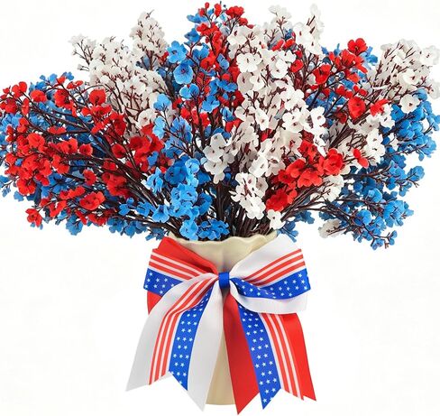 13PCS 4 of July Decor Artificial Flowers Set, 12PCS Red White and Blue Patriotic Artificial Flowers & Colorful Bows, Fake Silk Floral Arrangement for Independence Day Home Decor Table Centerpieces in Saudi Arabia