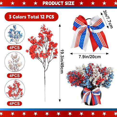 13PCS 4 of July Decor Artificial Flowers Set, 12PCS Red White and Blue Patriotic Artificial Flowers & Colorful Bows, Fake Silk Floral Arrangement for Independence Day Home Decor Table Centerpieces in Saudi Arabia