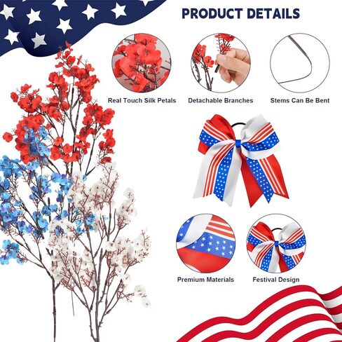 13PCS 4 of July Decor Artificial Flowers Set, 12PCS Red White and Blue Patriotic Artificial Flowers & Colorful Bows, Fake Silk Floral Arrangement for Independence Day Home Decor Table Centerpieces in Saudi Arabia