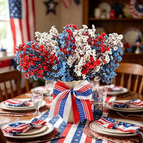 13PCS 4 of July Decor Artificial Flowers Set, 12PCS Red White and Blue Patriotic Artificial Flowers & Colorful Bows, Fake Silk Floral Arrangement for Independence Day Home Decor Table Centerpieces in Saudi Arabia