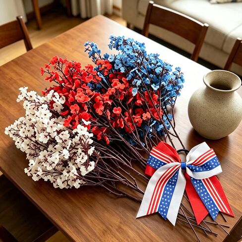 13PCS 4 of July Decor Artificial Flowers Set, 12PCS Red White and Blue Patriotic Artificial Flowers & Colorful Bows, Fake Silk Floral Arrangement for Independence Day Home Decor Table Centerpieces in Saudi Arabia