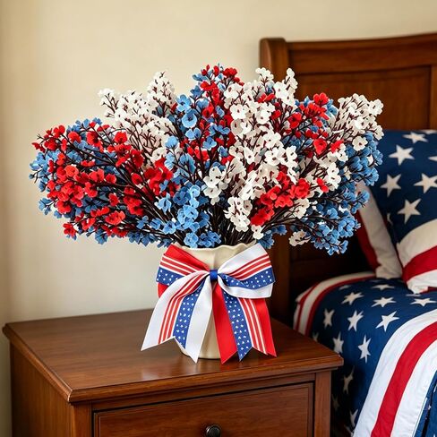 13PCS 4 of July Decor Artificial Flowers Set, 12PCS Red White and Blue Patriotic Artificial Flowers & Colorful Bows, Fake Silk Floral Arrangement for Independence Day Home Decor Table Centerpieces in Saudi Arabia