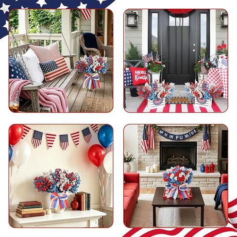 13PCS 4 of July Decor Artificial Flowers Set, 12PCS Red White and Blue Patriotic Artificial Flowers & Colorful Bows, Fake Silk Floral Arrangement for Independence Day Home Decor Table Centerpieces in Saudi Arabia
