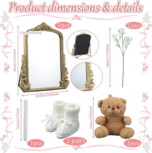 Pregnancy Announcement Mirror Newborn Cozy Shoes 12 Baby Breath Artificial Flowers Bear Doll and White Erasable Pen for Beach Photography Pregnancy Announcement Celebration in Saudi Arabia