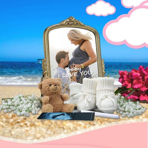 Pregnancy Announcement Mirror Newborn Cozy Shoes 12 Baby Breath Artificial Flowers Bear Doll and White Erasable Pen for Beach Photography Pregnancy Announcement Celebration in Saudi Arabia