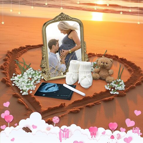 Pregnancy Announcement Mirror Newborn Cozy Shoes 12 Baby Breath Artificial Flowers Bear Doll and White Erasable Pen for Beach Photography Pregnancy Announcement Celebration in Saudi Arabia