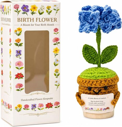 July Birth Flower Hydrangea Crochet Potted Plant Gift, Handmade Style with Wooden Base, Meaningful Birthday Desk Decor, Office Plant for Mom in Kuwait