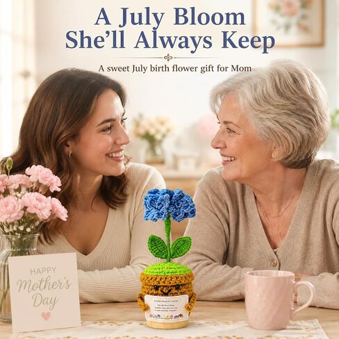 July Birth Flower Hydrangea Crochet Potted Plant Gift, Handmade Style with Wooden Base, Meaningful Birthday Desk Decor, Office Plant for Mom in Kuwait