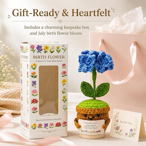 July Birth Flower Hydrangea Crochet Potted Plant Gift, Handmade Style with Wooden Base, Meaningful Birthday Desk Decor, Office Plant for Mom in Kuwait