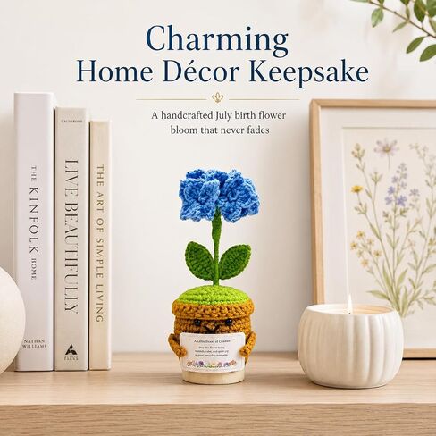 July Birth Flower Hydrangea Crochet Potted Plant Gift, Handmade Style with Wooden Base, Meaningful Birthday Desk Decor, Office Plant for Mom in Kuwait