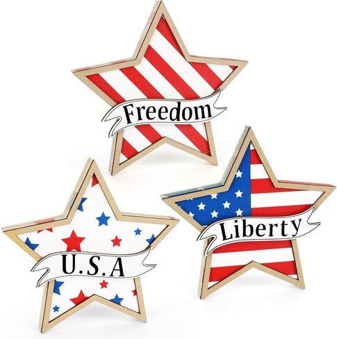 4th of July Decorations,Wooden Stars Patriotic Memorial Day Tiered Tray Decorations,3 Pcs Red White Blue Fourth of July Decorations 250th Anniversary Independence Day Decor for Home Office Table Shelf in Kuwait