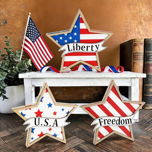 4th of July Decorations,Wooden Stars Patriotic Memorial Day Tiered Tray Decorations,3 Pcs Red White Blue Fourth of July Decorations 250th Anniversary Independence Day Decor for Home Office Table Shelf in Kuwait