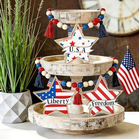 4th of July Decorations,Wooden Stars Patriotic Memorial Day Tiered Tray Decorations,3 Pcs Red White Blue Fourth of July Decorations 250th Anniversary Independence Day Decor for Home Office Table Shelf in Kuwait