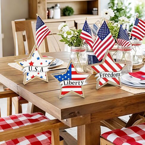 4th of July Decorations,Wooden Stars Patriotic Memorial Day Tiered Tray Decorations,3 Pcs Red White Blue Fourth of July Decorations 250th Anniversary Independence Day Decor for Home Office Table Shelf in Kuwait