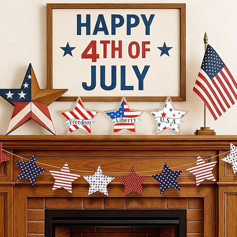 4th of July Decorations,Wooden Stars Patriotic Memorial Day Tiered Tray Decorations,3 Pcs Red White Blue Fourth of July Decorations 250th Anniversary Independence Day Decor for Home Office Table Shelf in Kuwait