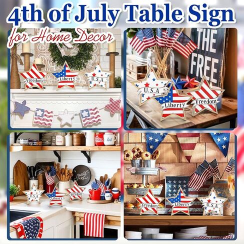 4th of July Decorations,Wooden Stars Patriotic Memorial Day Tiered Tray Decorations,3 Pcs Red White Blue Fourth of July Decorations 250th Anniversary Independence Day Decor for Home Office Table Shelf in Kuwait