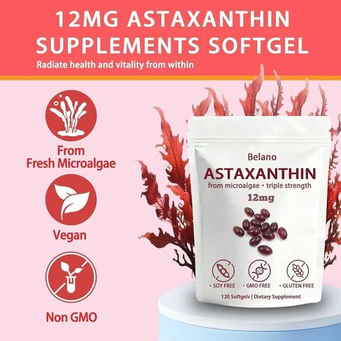 BELANO Nuvapure Astaxanthin12mg，Easy to Swallow, Non-GMO，4-Month Supply，120 Softgels in Saudi Arabia