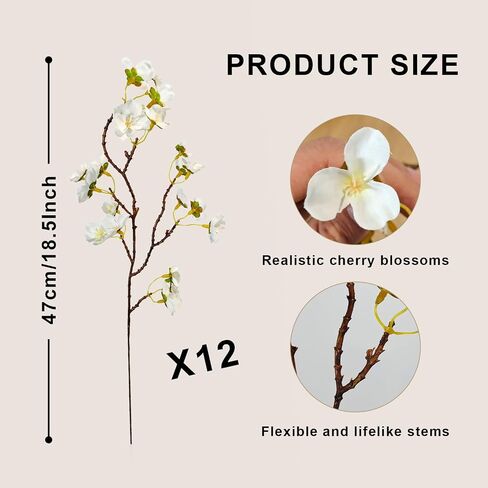 12 Pcs White Cherry Blossom Branches Artificial Flowers for Decoration, Fake Flowers Stems Fake Cherry Blossoms Silk Flowers for Indoor Table Centerpieces Vase Wedding Office Home Party Decor in Saudi Arabia