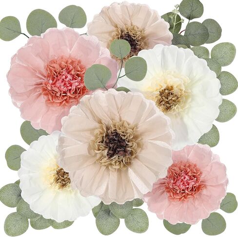 Lincia 40 Pcs Giant Paper Flowers and Artificial Eucalyptus Leaves, Large Paper Flowers Wall Decoration Faux Leaves for Tea Party, Baby Shower Birthday Party, Nursery Room(Elegant Color,19''/12'') in Kuwait