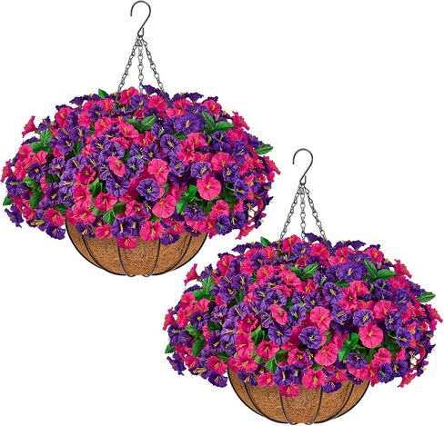 TTQ Set of 2 Artificial Hanging Flower Baskets for Outdoor Decor, 16 Bundles Faux Silk Morning Glory Flowers with 2 Hanging Baskets for Porch Patio Balcony Garden Spring Summer Decoration in Saudi Arabia