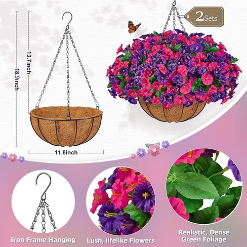 TTQ Set of 2 Artificial Hanging Flower Baskets for Outdoor Decor, 16 Bundles Faux Silk Morning Glory Flowers with 2 Hanging Baskets for Porch Patio Balcony Garden Spring Summer Decoration in Saudi Arabia