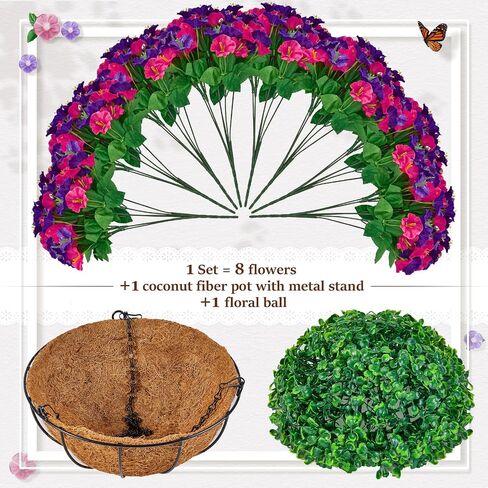 TTQ Set of 2 Artificial Hanging Flower Baskets for Outdoor Decor, 16 Bundles Faux Silk Morning Glory Flowers with 2 Hanging Baskets for Porch Patio Balcony Garden Spring Summer Decoration in Saudi Arabia
